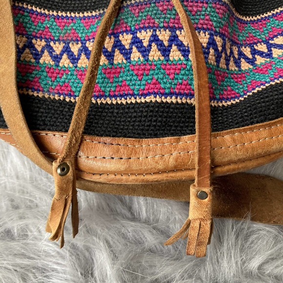 Boho chic bohemian fabric leather hobo slouchy shoulder tote bag black colorful - Picture 12 of 12